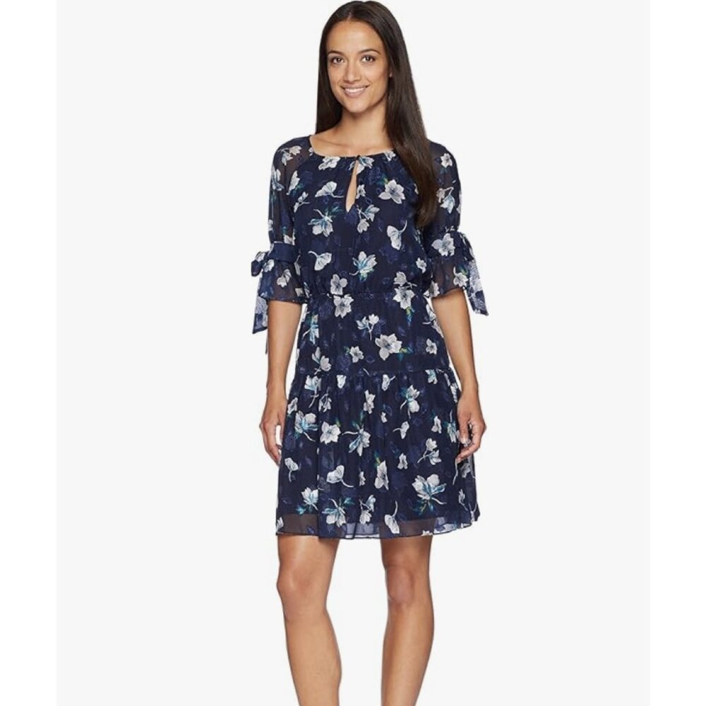 Vince Camuto Navy Floral Dress with tie sleeves